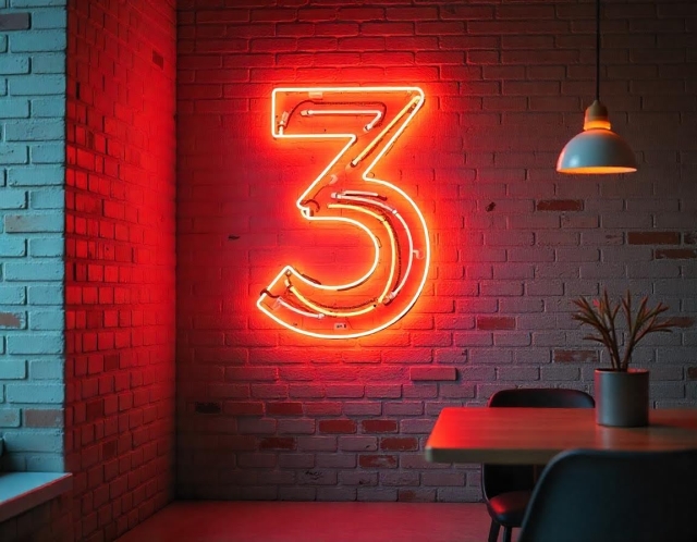 Sebuah lampu neon merah berbentuk angka "3" yang menyala di dinding bata, melambangkan konsep "Rule of Three" yang sering digunakan dalam presentasi untuk kejelasan dan penekanan.