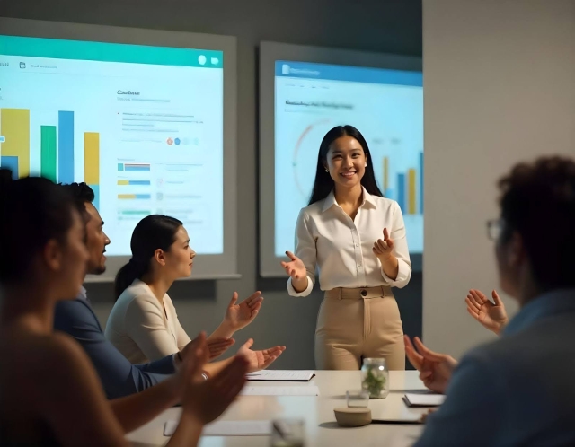 Seorang wanita bisnis mempresentasikan di depan audiens yang terlibat di ruang rapat, dengan grafik ditampilkan di layar belakang. Audiens memberikan tepuk tangan, menunjukkan penerimaan positif terhadap presentasi bisnisnya.