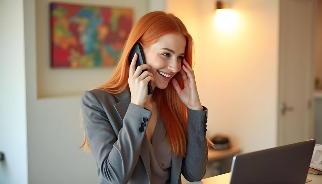 Wanita profesional dengan rambut merah cerah berbicara melalui telepon sambil tersenyum, memberikan layanan pelanggan dengan komunikasi yang ramah.